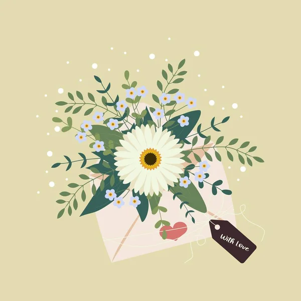 Buquê Primavera Flor Envelope Papel Com Rótulo Conceito Para Dia — Vetor de Stock