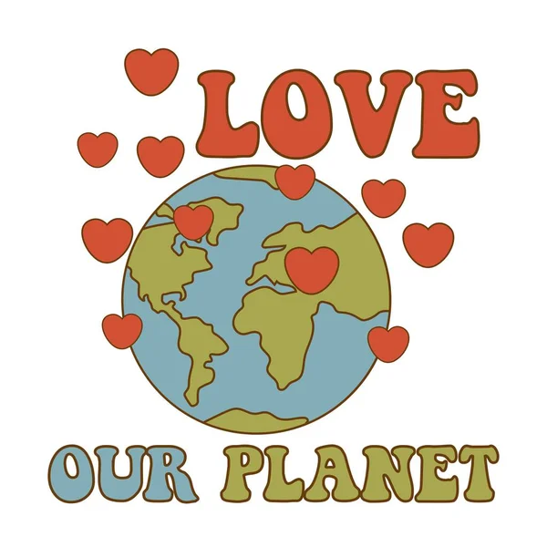 Retro Earth Globus Zeichentrickfigur Und Love Our Planet Inschrift Konzept — Stockvektor