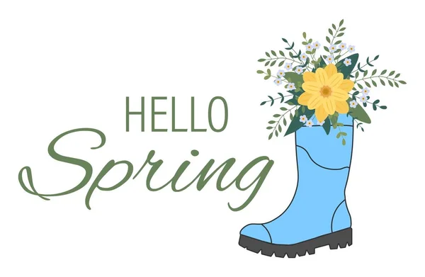 Niedlicher Strauß Blauen Gummistiefeln Gartenstiefel Mit Blumen Frühjahrskonzept — Stockvektor