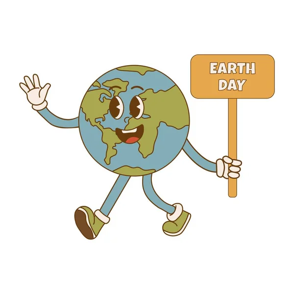 Día Tierra Dibujos Animados Lindo Planeta Tierra Personaje Estilo Retro — Vector de stock
