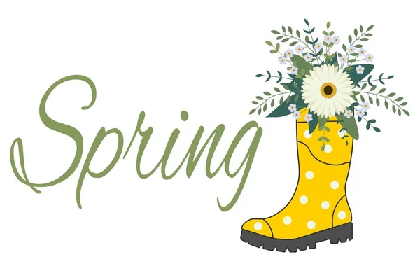 Cute Bouquet Yellow Rubber Boots Gardening Boot Flowers Spring Concept — Stock Vector