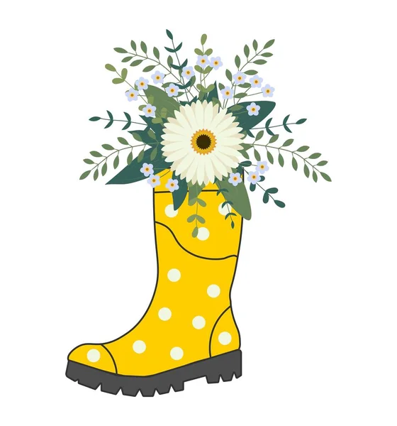 stock vector Cute bouquet in yellow rubber boots. Gardening boot with flowers. Spring Concept