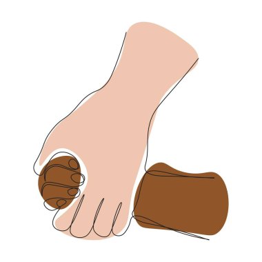 Sürekli bir çizgi halinde ebeveyn küçük çocuğun elini tutuyor. Hassas ilişkiler, karşılıklı yardım kavramı