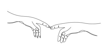 Birbirine dokunan iki el sürekli bir çizgi. Uzlaşma kavramı. Hassas ilişkiler, karşılıklı yardım kavramı