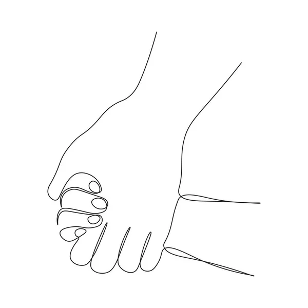 连续一行画的父母牵着小孩的手 投标关系 互助的概念 — 图库矢量图片