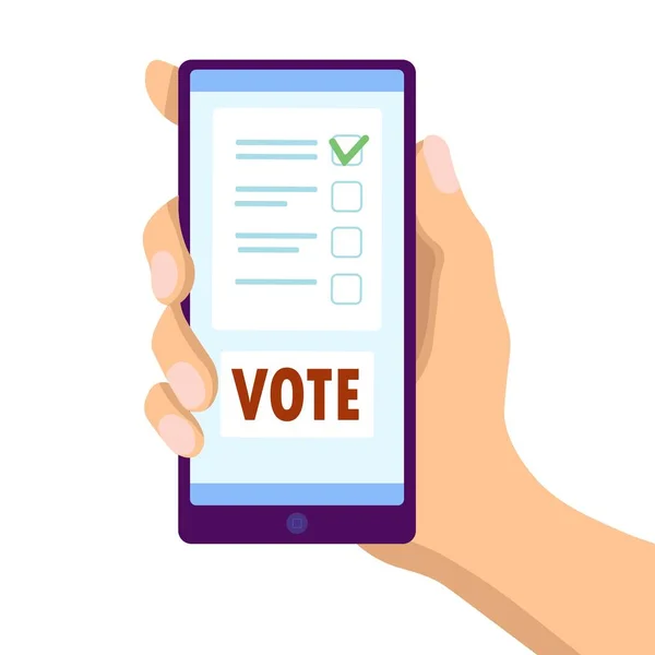 Mão Masculina Segurando Smartphone Com Botão Voto Papel Votação Tela —  Vetores de Stock