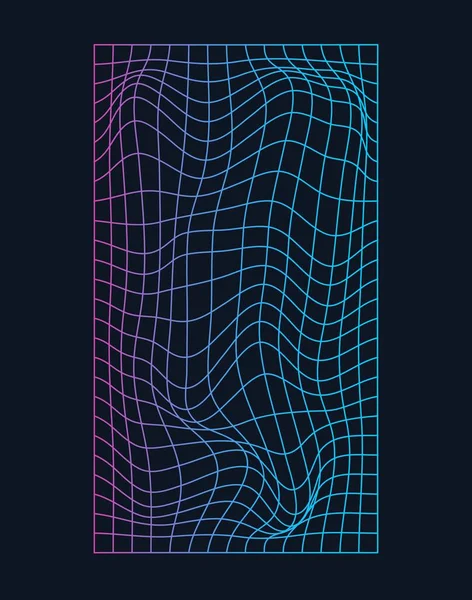 stock vector Distorted and warped neon laser grid on dark background. Retrowave, synthwave, rave, vaporwave.Trendy retro 1980s, 90s style