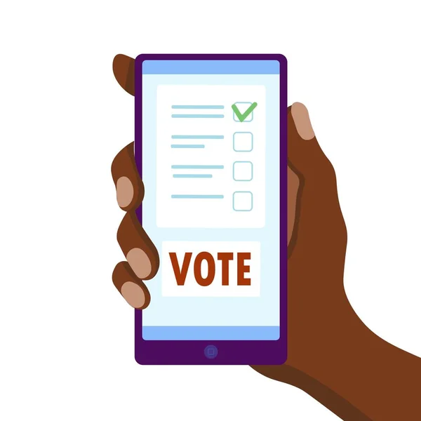 Άνδρας Χέρι Κρατώντας Smartphone Κουμπί Ψήφου Έγγραφο Ψηφοφορίας Στην Οθόνη — Διανυσματικό Αρχείο