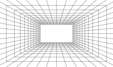 Şebeke odası 3 boyutlu perspektifte. Siyah lazer ışını ve dijital boş kutunun kapalı kablo çerçevesi. Soyut geometrik tasarım
