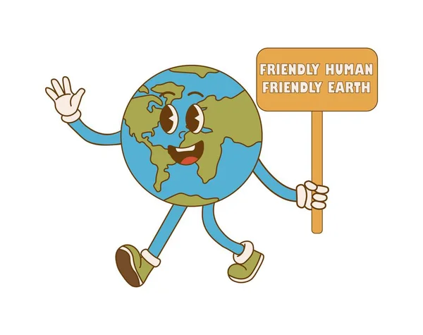 Tag Der Erde Cartoon Süße Erde Planet Charakter Retro Stil — Stockvektor