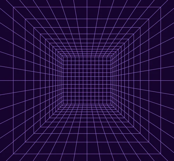 网格空间的透视3D风格 室内线框由紫罗兰激光束 数字空盒组成 几何设计摘要 — 图库矢量图片