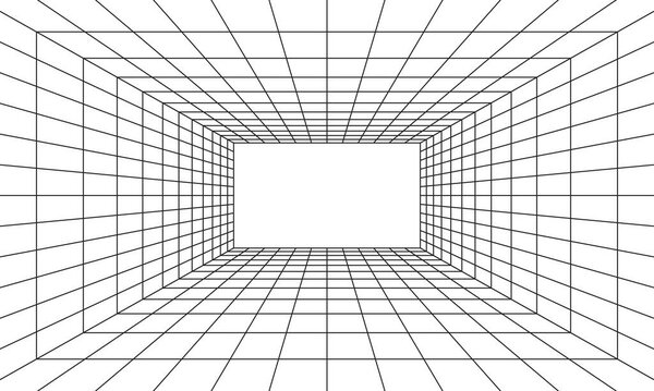 Грид-рум в перспективе в 3D стиле. Внутренняя проволока от черного лазерного луча, цифровая пустая коробка. Абстрактный геометрический дизайн