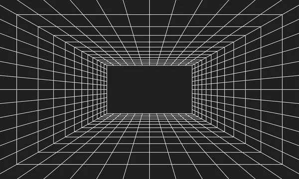 网格空间的透视3D风格 室内线框由白色激光束 数字空盒组成 几何设计摘要 — 图库矢量图片