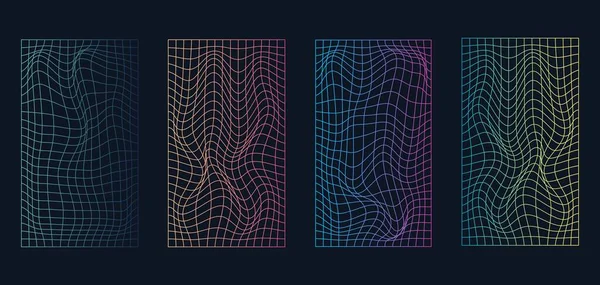Set Distorted Holographic Pearly Neon Mesh Retrowave Synthwave Rave Vaporwave — Stok Vektör