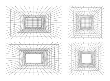 3 boyutlu perspektifte Izgara odası seti. Siyah lazer ışını ve dijital boş kutunun kapalı kablo çerçevesi. Soyut geometrik tasarım
