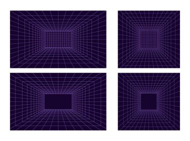 3 boyutlu perspektifte Izgara odası seti. Menekşe lazer ışınından kapalı kablo çerçevesi, dijital boş kutu. Soyut geometrik tasarım