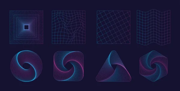 一组抽象的形状和网格在时髦的霓虹灯色 20世纪80年代流行复古 90年代风格 — 图库矢量图片