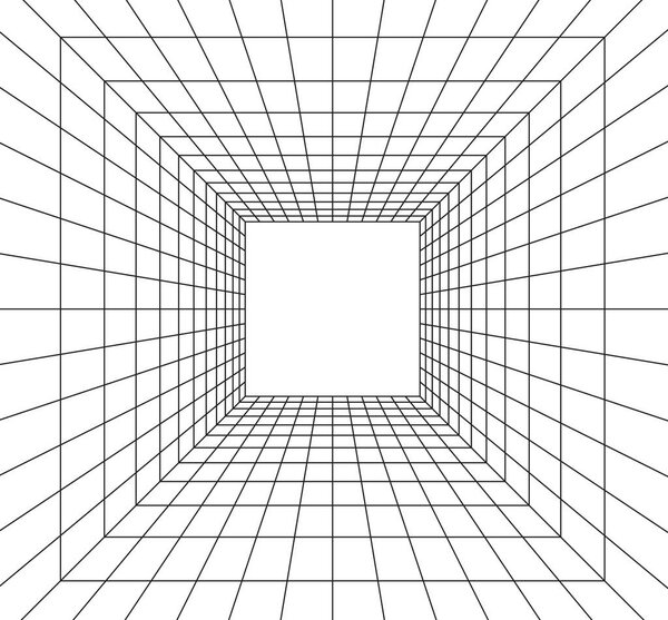 Грид-рум в перспективе в 3D стиле. Внутренняя проволока от черного лазерного луча, цифровая пустая коробка. Абстрактный геометрический дизайн