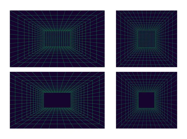 3 boyutlu perspektifte Izgara odası seti. Yeşil lazer ışını ve dijital boş kutunun kapalı teli. Soyut geometrik tasarım