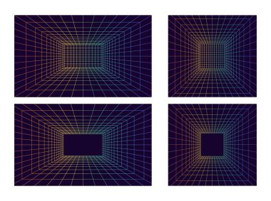 3 boyutlu perspektifte Izgara odası seti. Gökkuşağı lazer ışınından dolayı kapalı kablo çerçevesi, dijital boş kutu. Soyut geometrik tasarım
