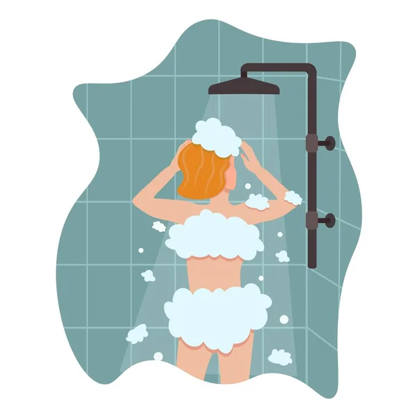Mujer Duchándose Lavándose Cuerpo Cuidándose Ducha Higiene Relajación Concepto Baño — Vector de stock