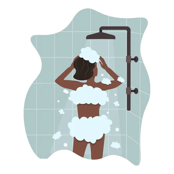 Schwarze Frau Duscht Und Wäscht Ihren Körper Und Kümmert Sich — Stockvektor