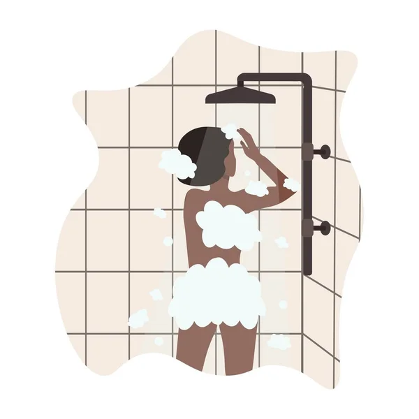 Schwarze Frau Duscht Und Wäscht Ihren Körper Und Kümmert Sich — Stockvektor