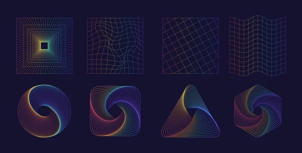 一组彩虹色的抽象形状和网格 20世纪80年代流行复古 90年代风格 — 图库矢量图片