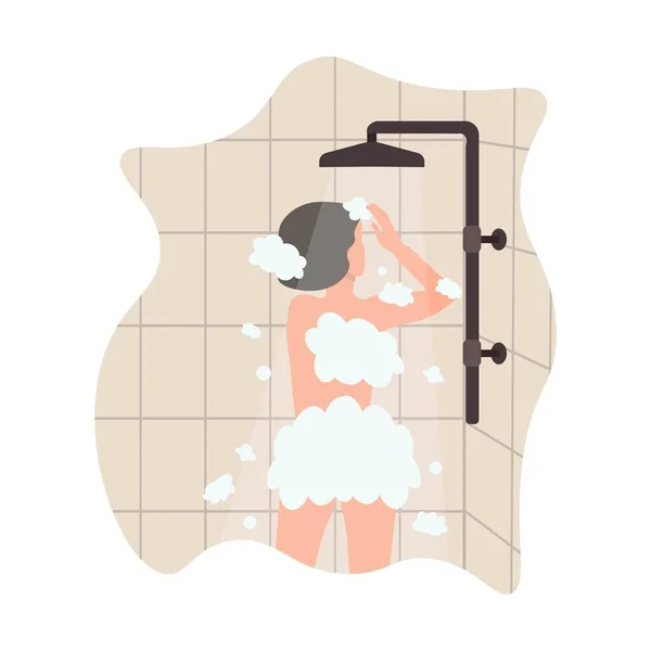 Frau Duscht Und Wäscht Ihren Körper Kümmert Sich Sich Selbst — Stockvektor