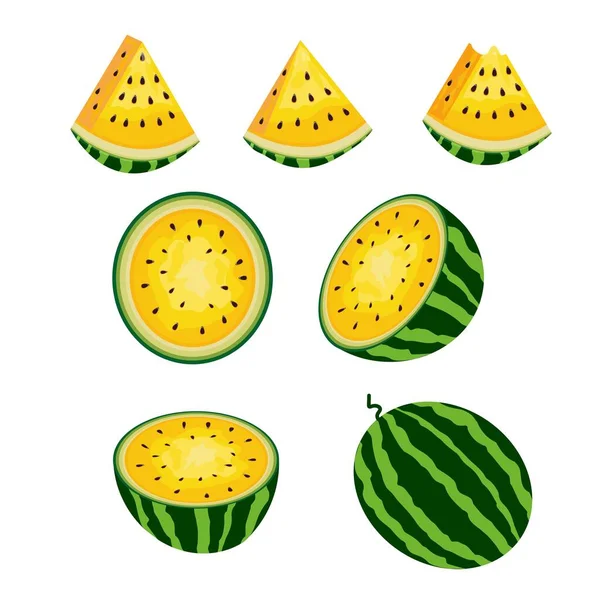 Vers Sappig Hele Watermeloenen Plakken Set Van Rijpe Gele Watermeloenen — Stockvector