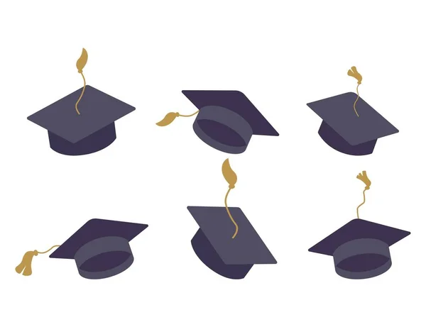 Set Graduation Square Hat Education Cap Collection Graduation Cap Isolated — Stock Vector