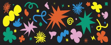 Soyut retro şekiller ayarlandı. Harika bir çiçek, baloncuk, yıldız, döngü, modaya uygun 90 'lar çizgi film tarzı dalgalar. Logo, dekorasyon ve çıkartma için çağdaş estetik unsur