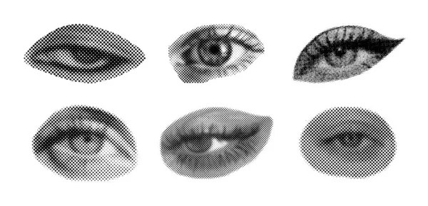 Набор Полутонов Различными Женскими Глазами Точечная Текстура Современный Стиль — стоковый вектор