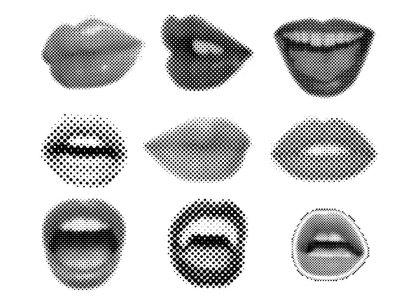 異なるポーズでハーフトーン女性の口のセット ドットテクスチャ 現代的なスタイル — ストックベクタ