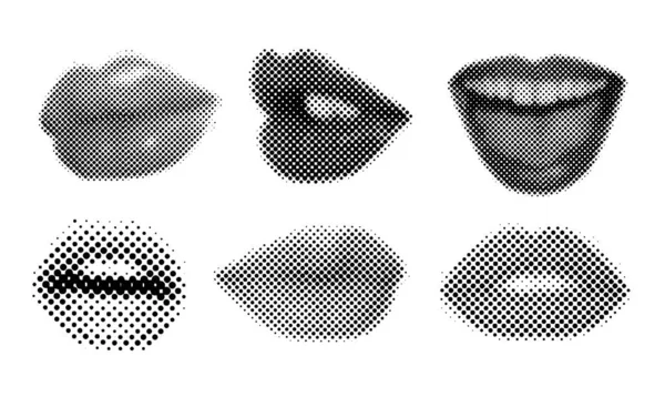 不同姿势的一组半色调女性嘴 — 图库矢量图片