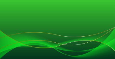 Dalgalı ve altın kurdeleli parlak çizgileri olan yeşil soyut lüks arka plan. Modern grafik şablon tasarımı