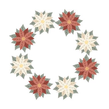 Noel yıldızı, beyaz ve kırmızı noktalı çelenk. Yeni yıl kartları, hatıra defteri, çıkartmalar, planlamacılar, davetiyeler için tasarım