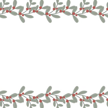 Güzel bir Noel kompozisyonu içinde dallar, yapraklar ve meyveler. Kusursuz yatay ip, kurdele. Davetiye, bayrak, tebrik kartı için tatil tasarımı