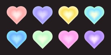 Bulanık aura gradyan kalp seti. Modern y2k tasarım şablonu. Logo, şablon, rozet ve çıkartmalar için bulanık pastel gradyan elementler