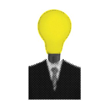 Yarım tonlu yaratıcı iş adamı fikri olan modern kolaj. Yaratıcı zihin, beyin fırtınası. Akıllıca.