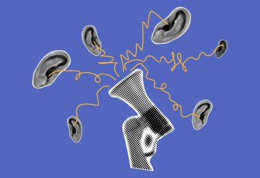 Kolaj siyah yarım ton stil el hoparlörü, kulaklar. Çığlık, nefret, sahte haber konsepti. Duyuru, reklam