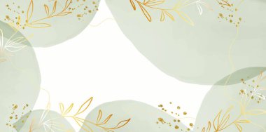 Soyut sanat geçmişi. Altın çizgili, botanik yapraklı, organik şekilli lüks duvar kağıtları. Pankart, poster, web ve ambalaj için suluboya arkaplan