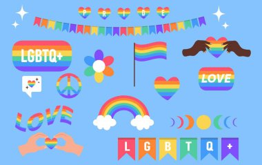 Mavi arkaplanda Gurur LGBTQ + simgesi seti. LGBT gurur topluluğunun sembolü. Gökkuşağı renklerinde elementler