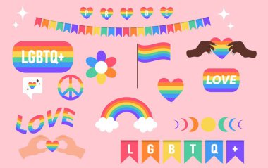 Gurur LGBTQ + simgesi pembe arkaplanda ayarlandı. LGBT gurur topluluğunun sembolü. Gökkuşağı renklerinde elementler