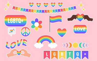 Çıkartma paketi LGBTQ +. Simge pembe arka plana ayarlandı. LGBT gurur topluluğunun sembolü. Gökkuşağı renklerinde elementler