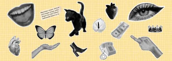 Yarım ton kolaj tasarım elementleri. Moda dergisi tarzı. Sosyal medya, broşür, afiş, poster için geçmişe dönük modern tasarım