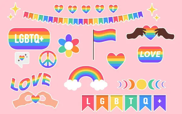 Çıkartma paketi LGBTQ +. Simge pembe arka plana ayarlandı. LGBT gurur topluluğunun sembolü. Gökkuşağı renklerinde elementler