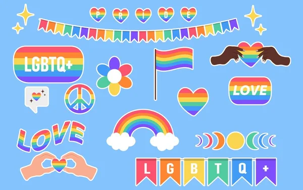 Çıkartma paketi LGBTQ +. Mavi arkaplanda simge ayarlandı. LGBT gurur topluluğunun sembolü. Gökkuşağı renklerinde elementler
