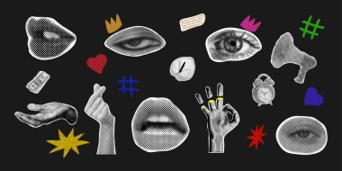 Yarım ton kolaj tasarım elementlerini ayarla. Moda dergisi tarzı. Sosyal medya, broşür, afiş, poster için geçmişe dönük modern tasarım