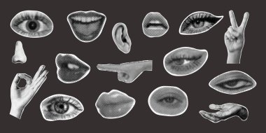 Yarım ton kolaj tasarım elementlerini ayarla. Moda dergisi tarzı. Sosyal medya, broşür, afiş, poster için geçmişe dönük modern tasarım